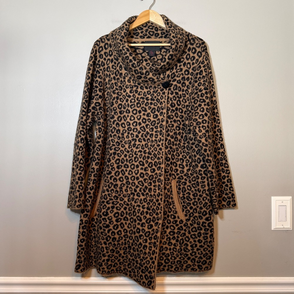 Christian Siriano Leopard Print Cowl Neck Button Cardigan Sweater Coat Plus 3X